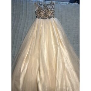 Champagne Ivory Rhinestone Embellished Tulle Long Prom Dress Princess Size 4